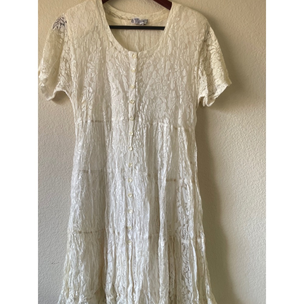 Nostalgia Cream Floral Lace Tiered Button Front Midi Dress Womens Small Rayon - Picture 2 of 6